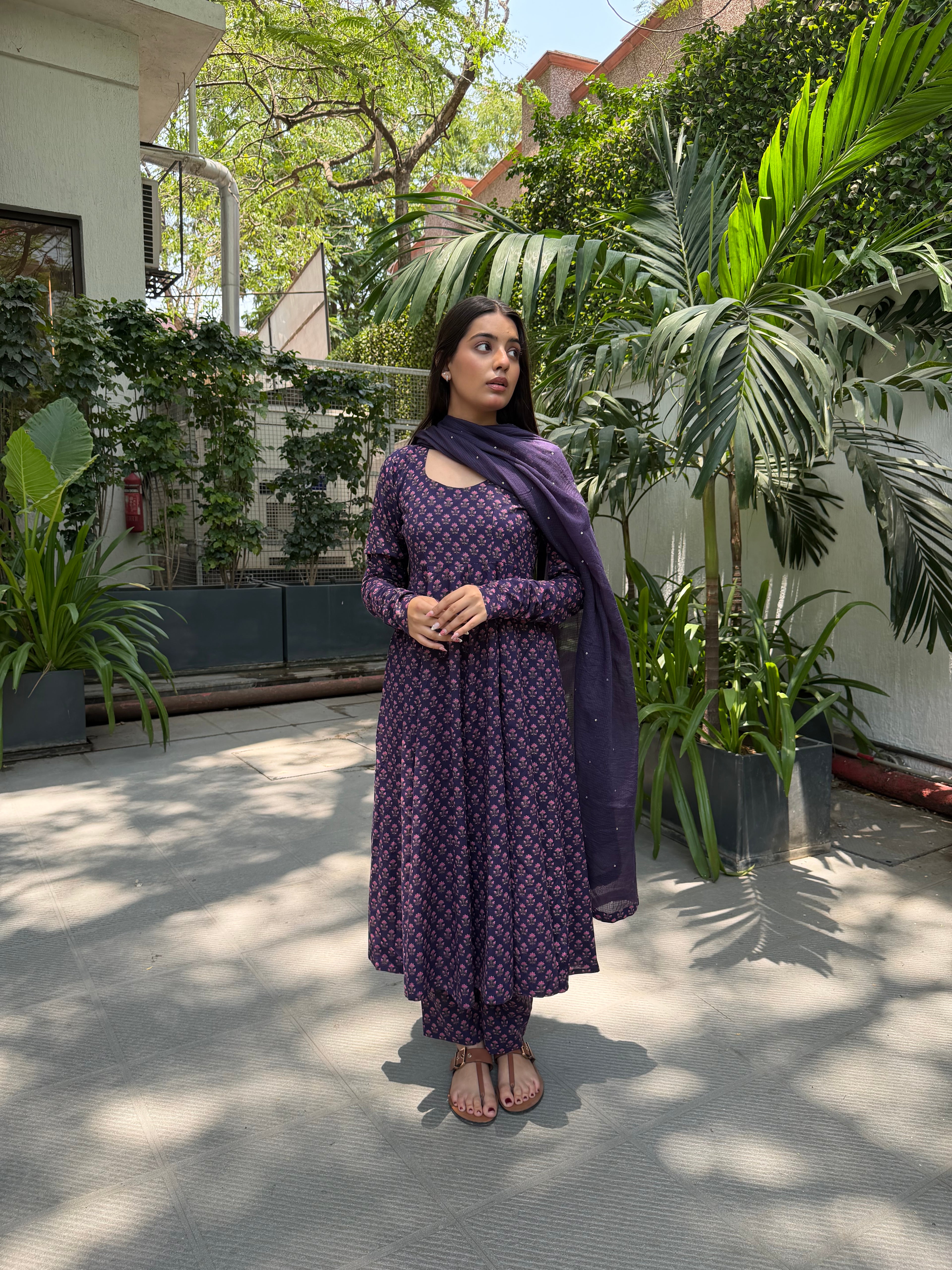 The Royal Lilac Floral Cotton Anarkali Set