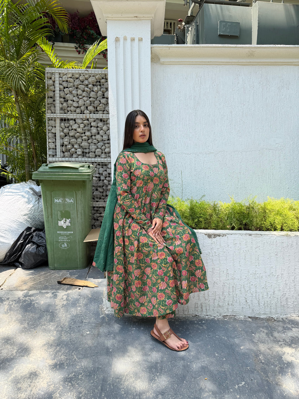 Emerald Garden Floral Zari-Striped Anarkali Set