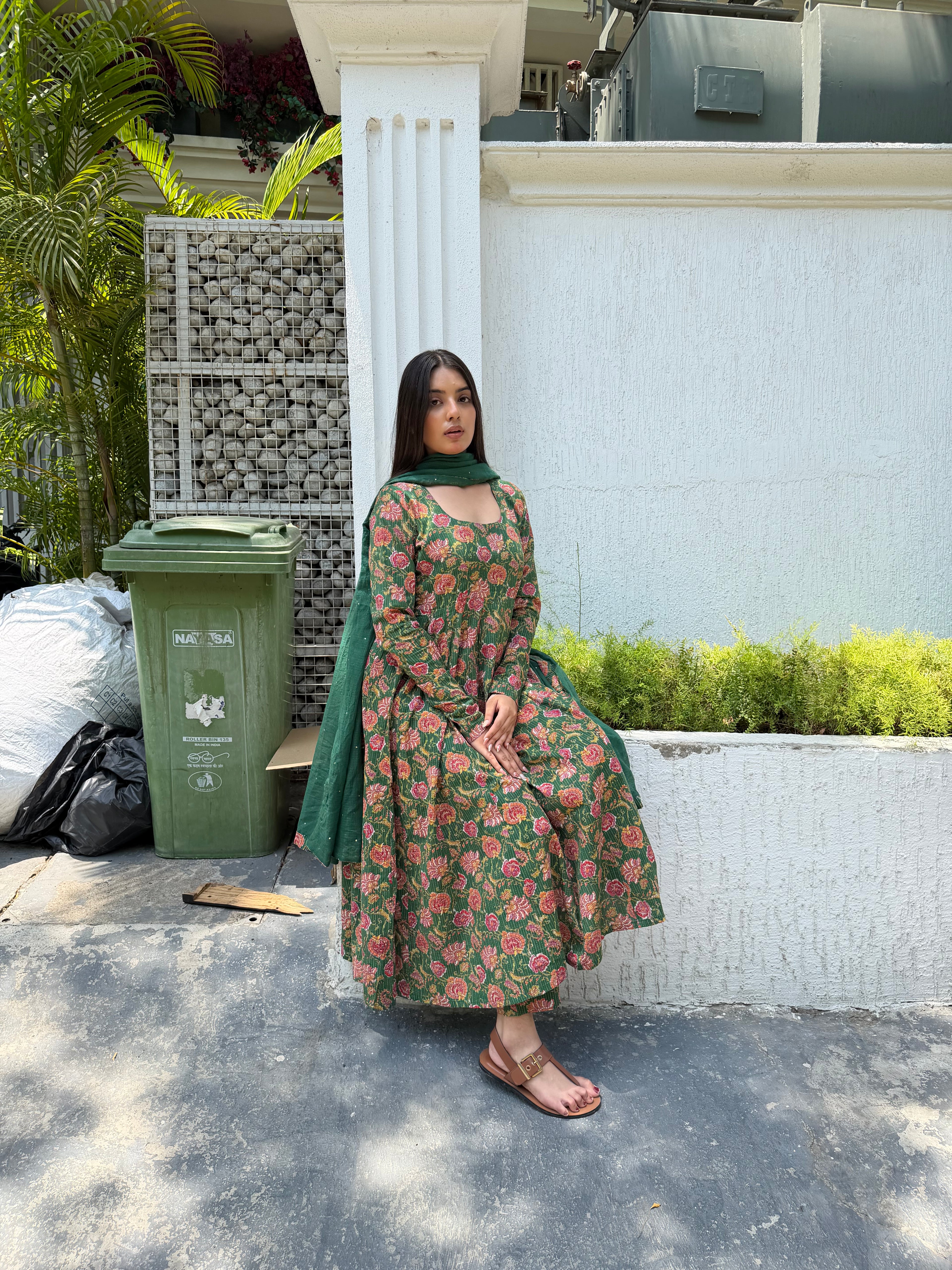 Emerald Garden Floral Zari-Striped Anarkali Set