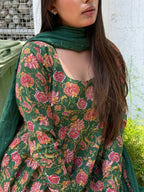 Emerald Garden Floral Zari-Striped Anarkali Set
