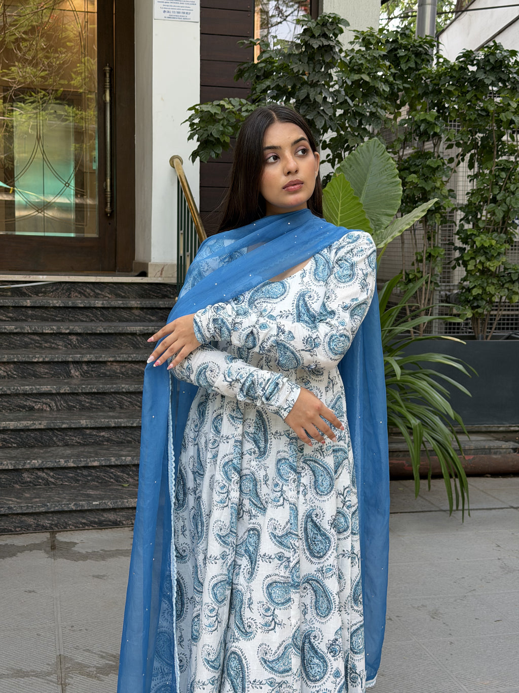 Blue Paisley Print White Cotton Anarkali Suit Set