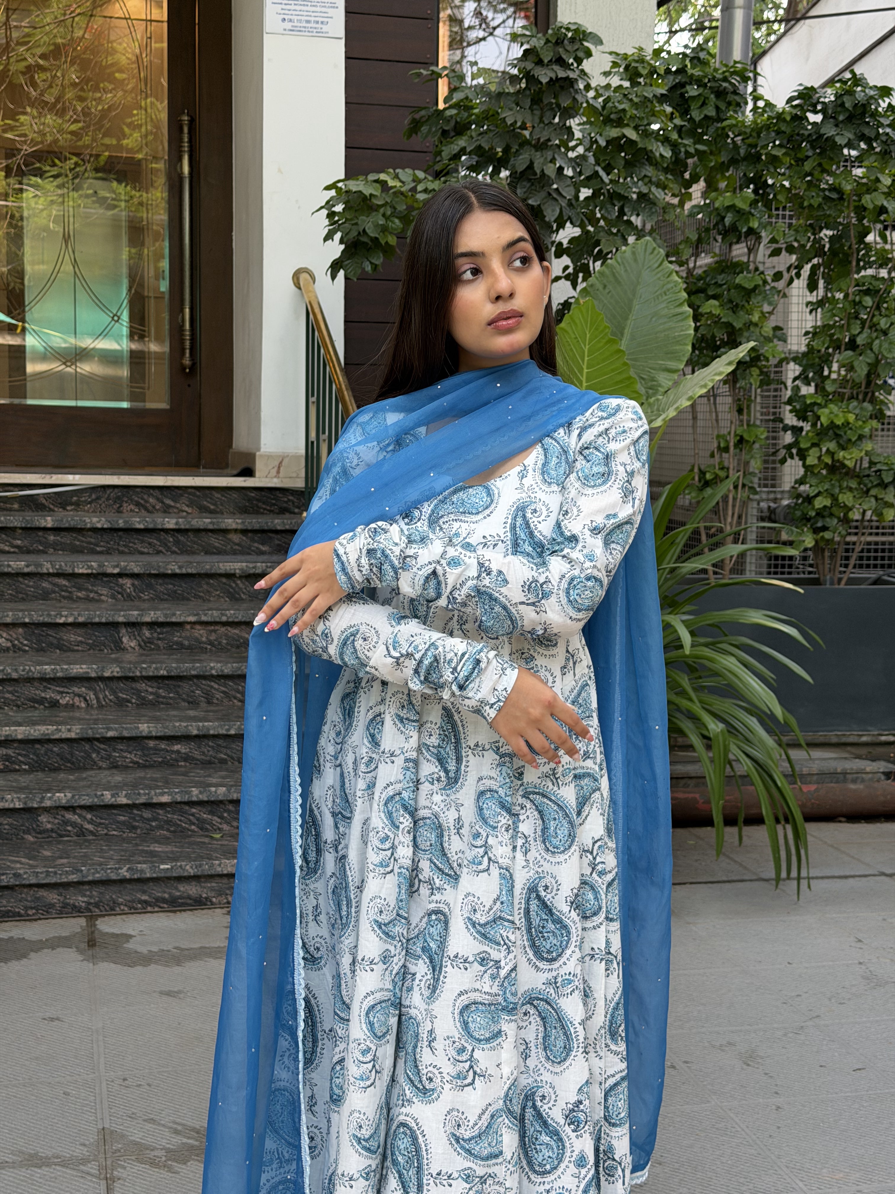 Blue Paisley Print White Cotton Anarkali Suit Set