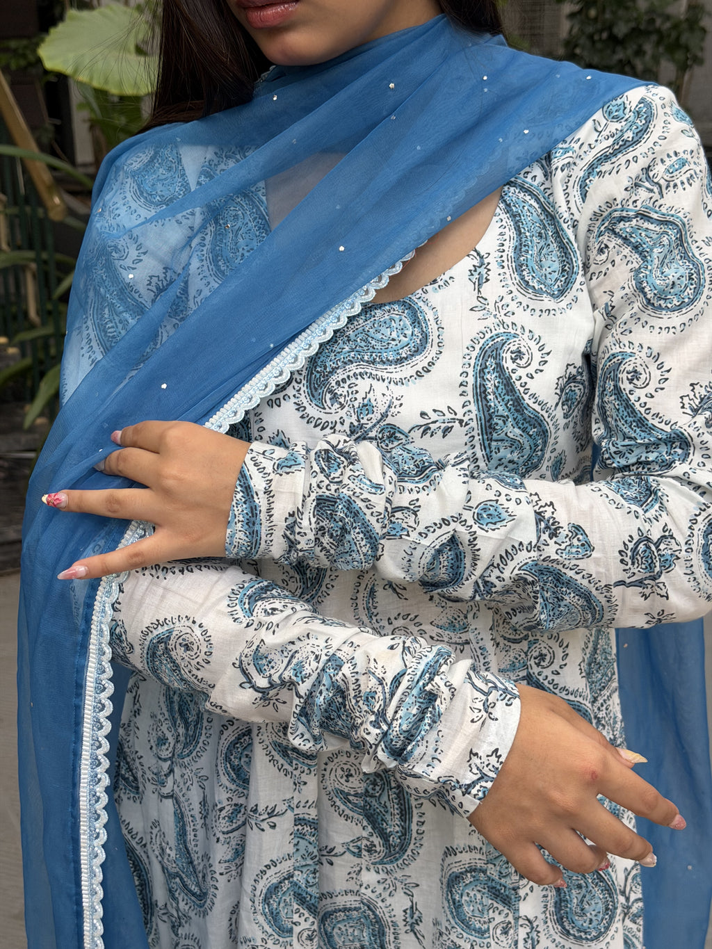 Blue Paisley Print White Cotton Anarkali Suit Set
