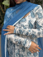 Blue Paisley Print White Cotton Anarkali Suit Set