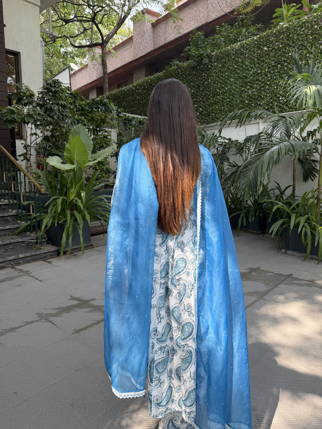 Blue Paisley Print White Cotton Anarkali Suit Set