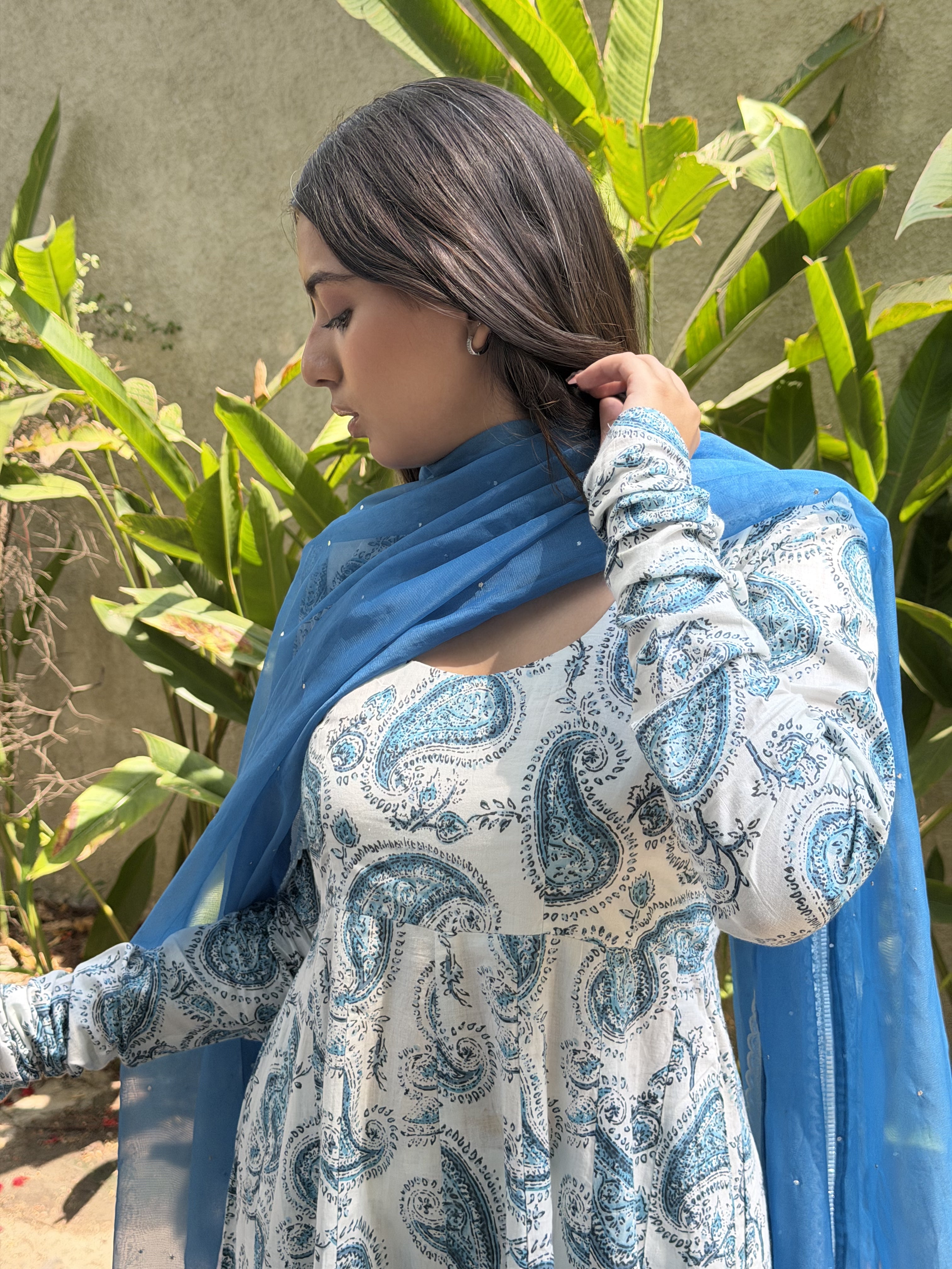 Blue Paisley Print White Cotton Anarkali Suit Set