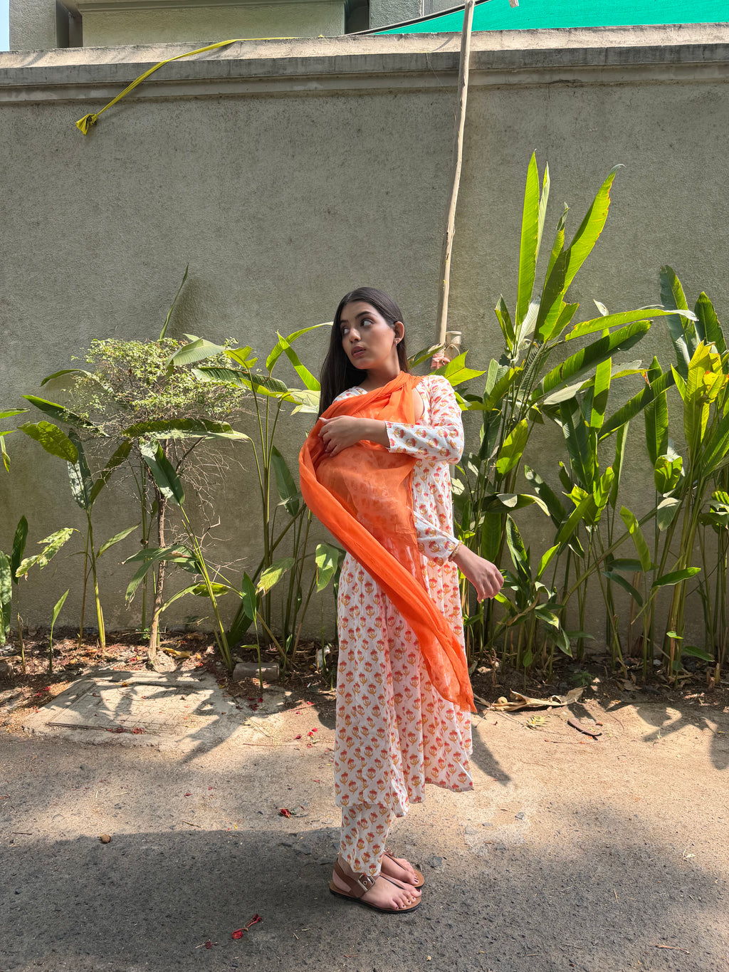 The Tangerine Blossom Ivory Cotton Anarkali Set