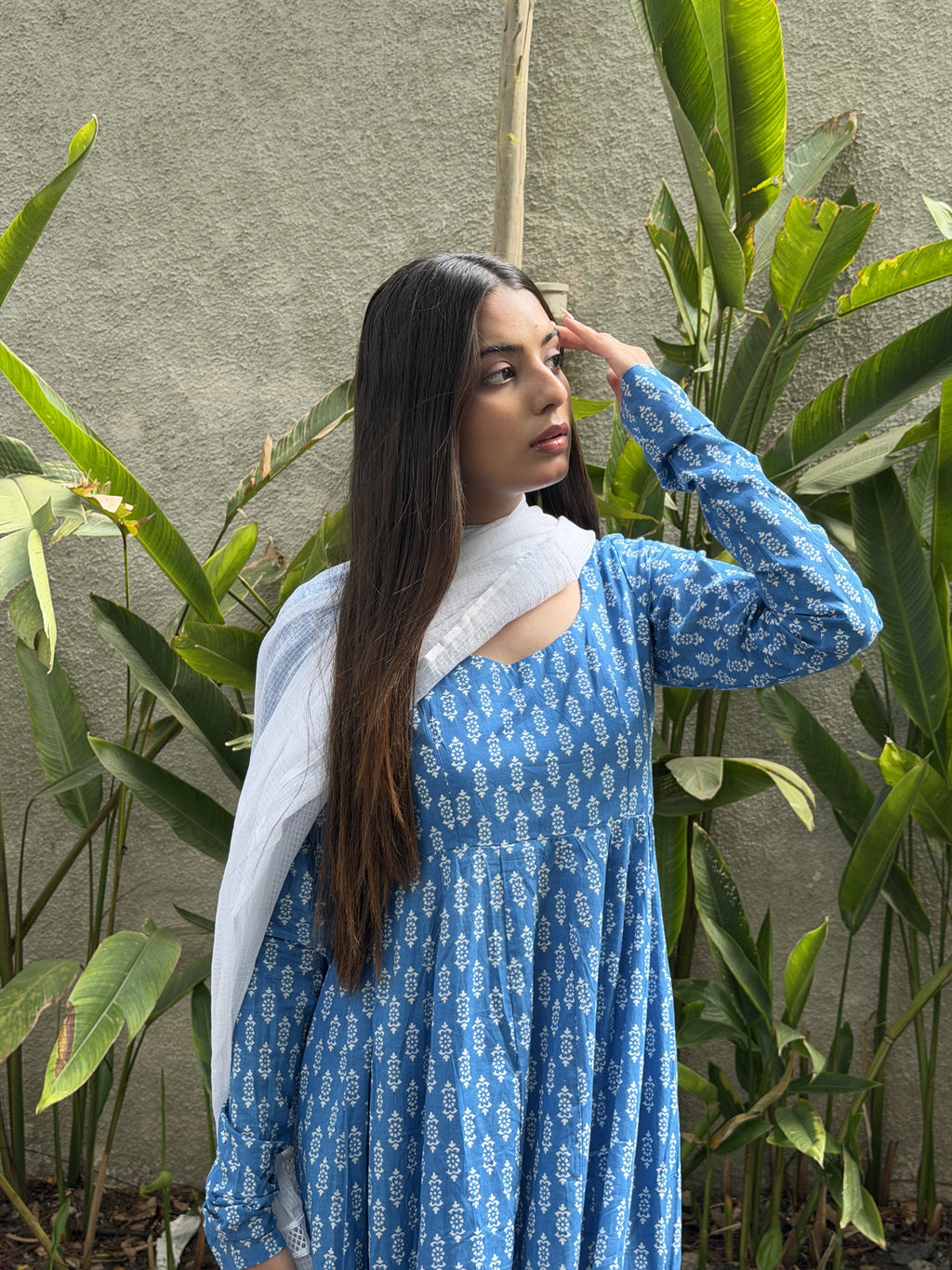 The Serene Blue Geometric Cotton Anarkali Set