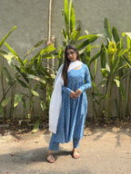 The Serene Blue Geometric Cotton Anarkali Set