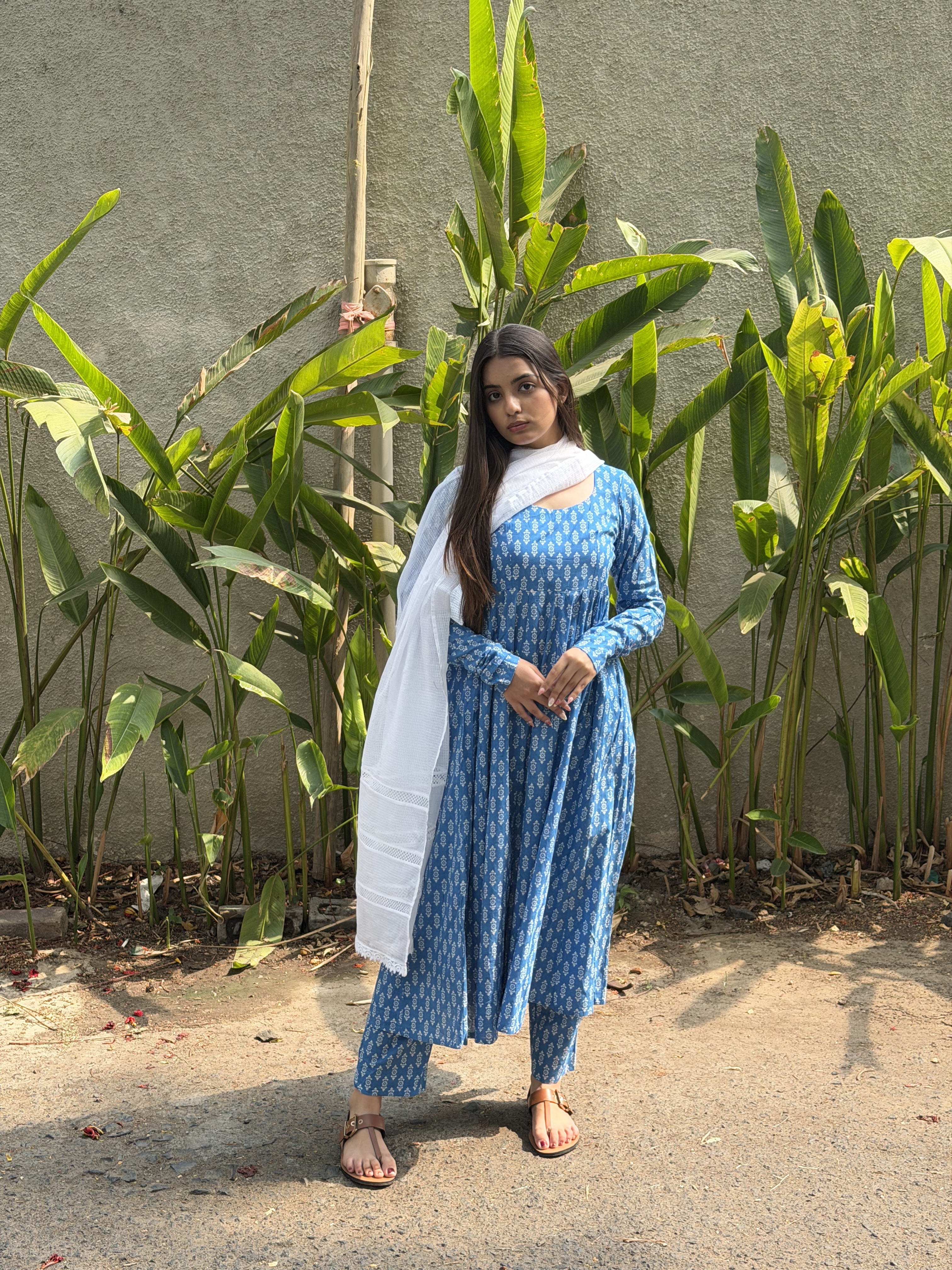 The Serene Blue Geometric Cotton Anarkali Set