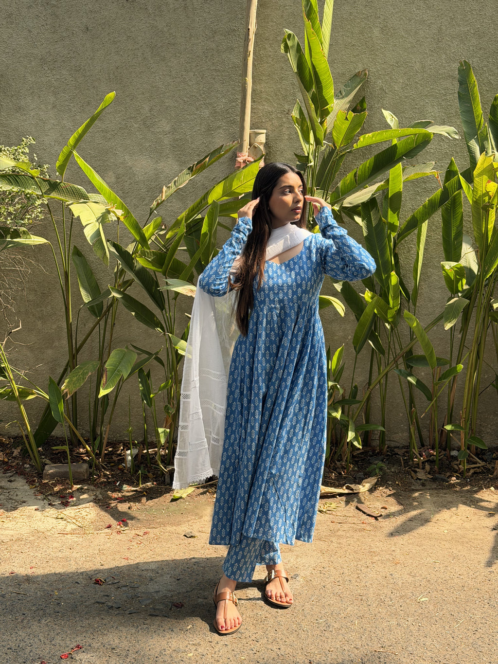 The Serene Blue Geometric Cotton Anarkali Set