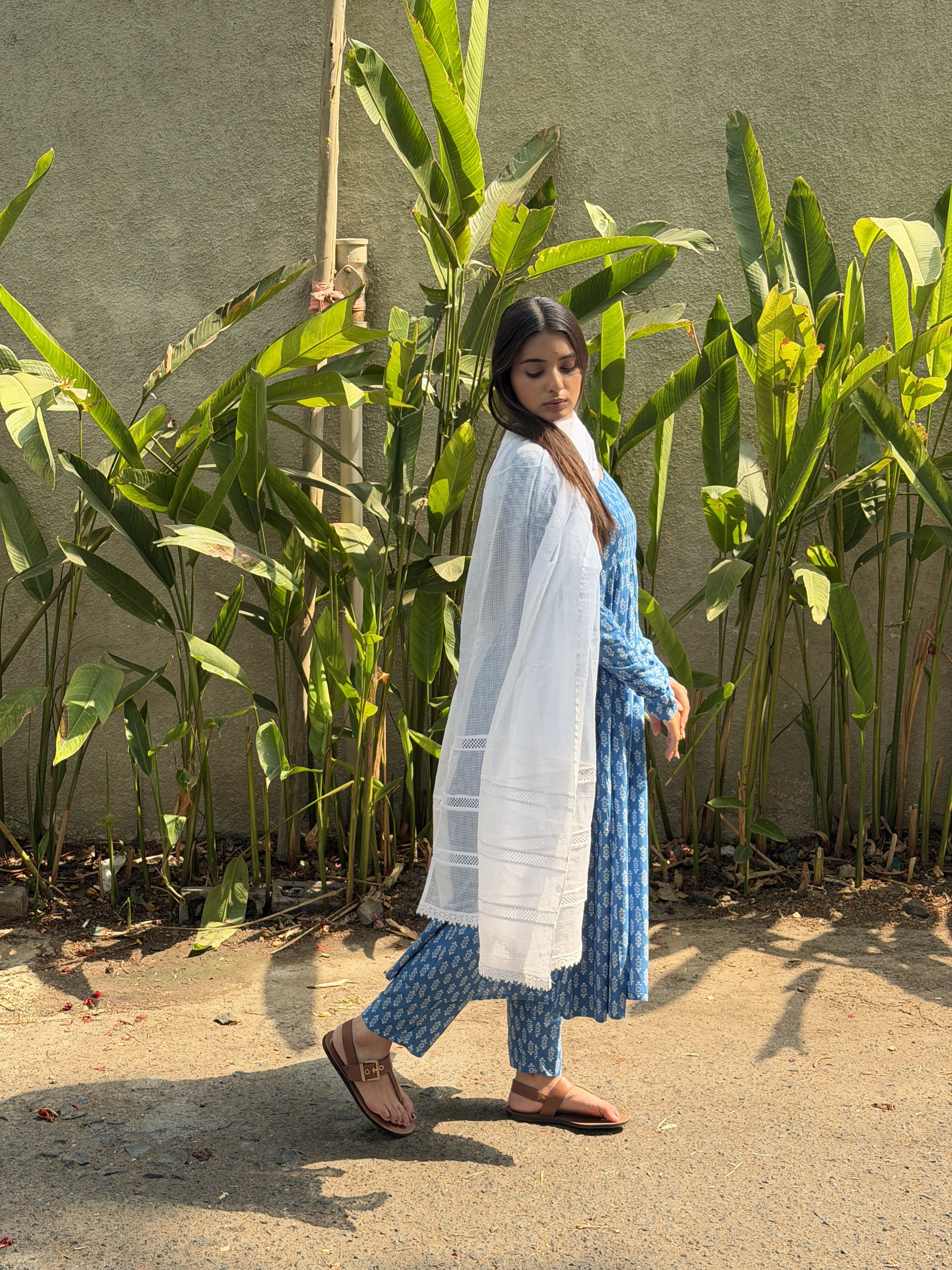 The Serene Blue Geometric Cotton Anarkali Set