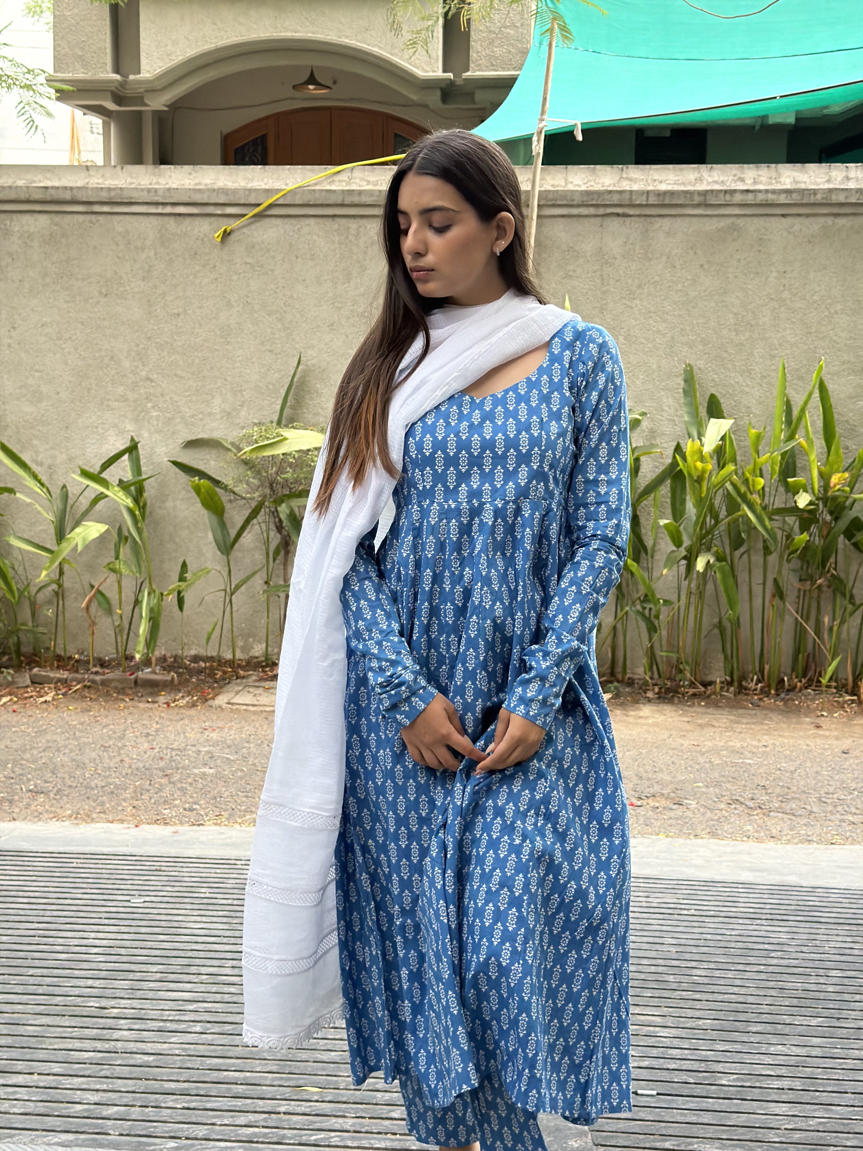 The Serene Blue Geometric Cotton Anarkali Set